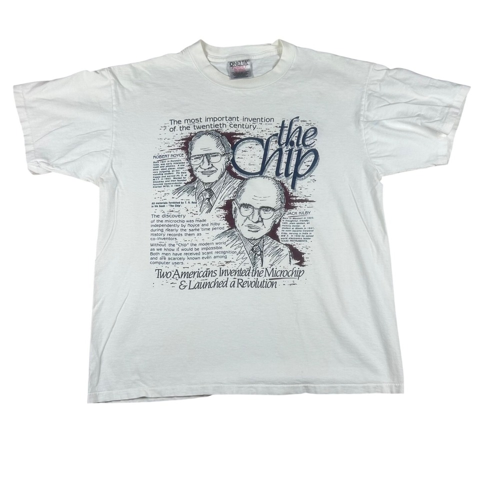 Vintage 90s Oneita Power-T The Chip Microchip Computer History Tee Large White